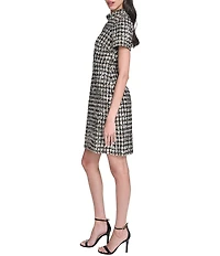 Vince Camuto Houndstooth Mock Neck Short Sleeve A-Line Dress