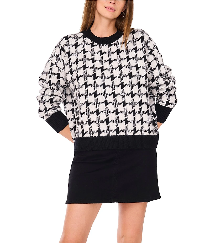 Vince Camuto Houndstooth Round Neck Long Sleeve Sweater