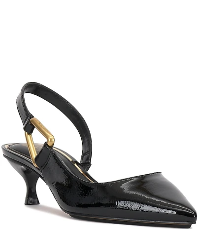 Vince Camuto Inari Crinkle Patent Leather Hardware Slingback Kitten Heel Pumps