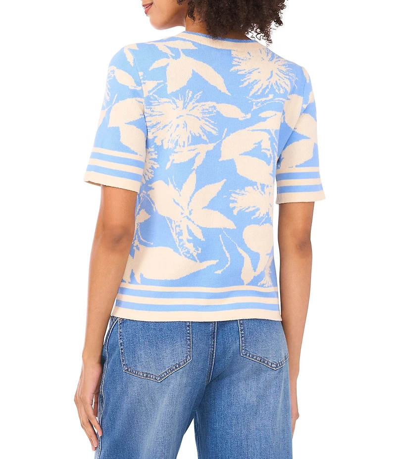 Vince Camuto Jacquard Cotton Round Neck Short Sleeve Top