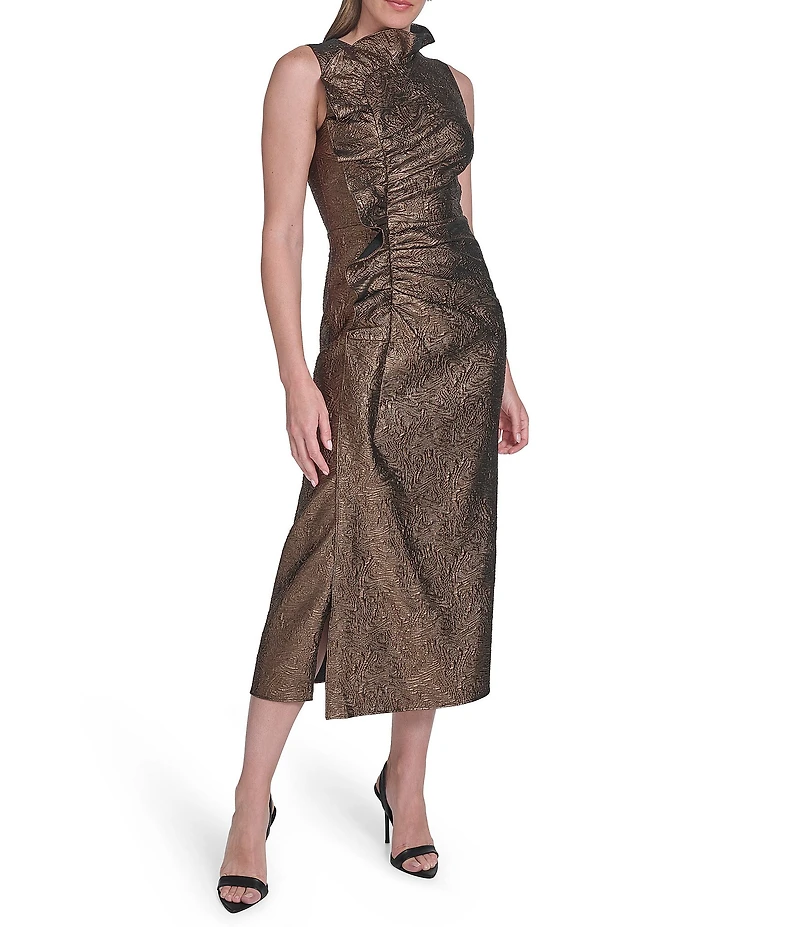 Vince Camuto Jacquard Crew Neck Sleeveless Jacquard Ruffle Gown