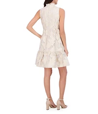 Vince Camuto Jacquard Floral Metallic V-Neck Sleeveless Tiered A-Line Dress