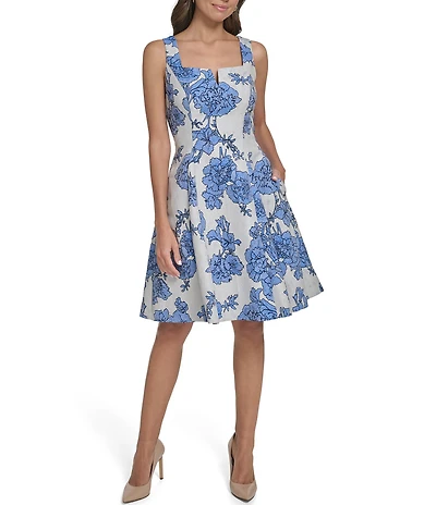 Vince Camuto Jacquard Floral Print Square Neck Sleeveless Fit And Flare Dress