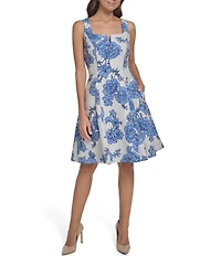 Vince Camuto Jacquard Floral Print Square Neck Sleeveless Fit And Flare Dress