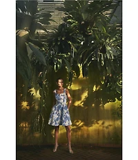 Vince Camuto Jacquard Floral Print Square Neck Sleeveless Fit And Flare Dress