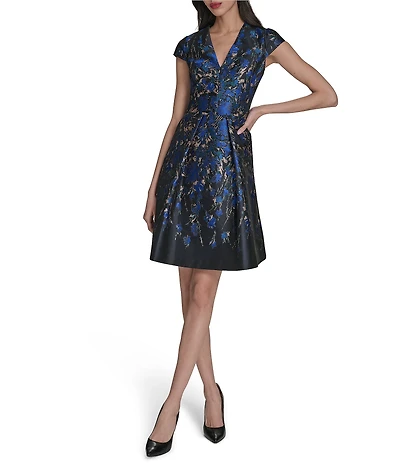 Vince Camuto Jacquard Metallic V-Neck Cap Sleeve A-Line Dress