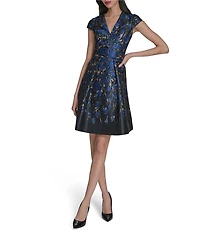 Vince Camuto Jacquard Metallic V-Neck Cap Sleeve A-Line Dress