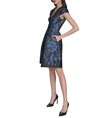 Vince Camuto Jacquard Metallic V-Neck Cap Sleeve A-Line Dress