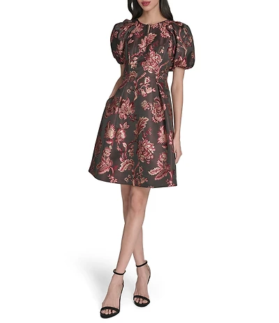 Vince Camuto Jacquard Paisley Print Boat Neck Short Sleeve Dress