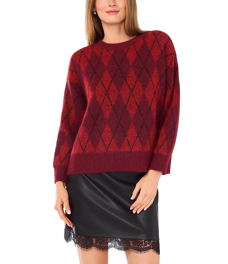 Vince Camuto Knit Argyle Round Neck Long Sleeve Sweater