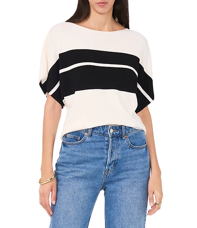 Vince Camuto Knit Boat Neck Cap Sleeve Color Block Stripe Sweater