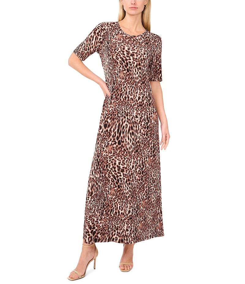Vince Camuto Knit Cheetah Print Round Neck 3/4 Sleeve Maxi Dress