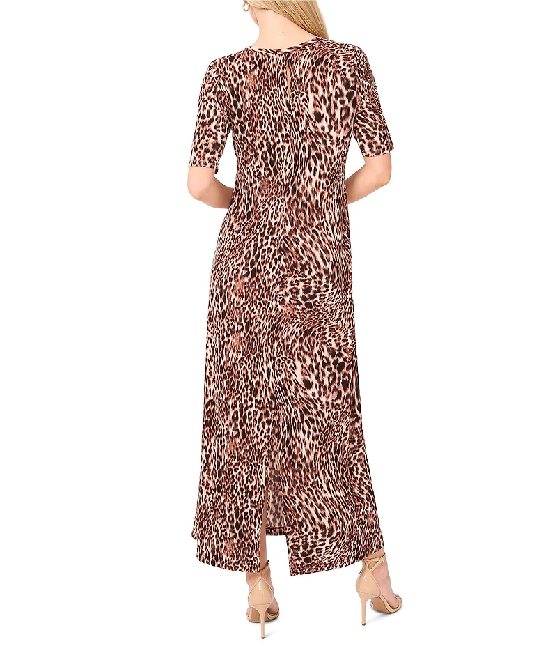Vince Camuto Knit Cheetah Print Round Neck 3/4 Sleeve Maxi Dress