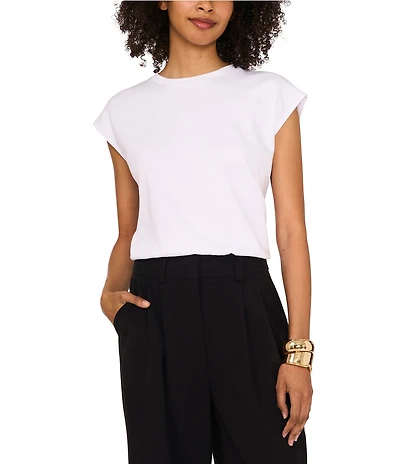 Vince Camuto Knit Crew Neck Cap Sleeve Elastic Waist Tee