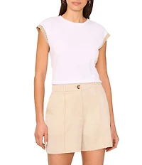 Vince Camuto Knit Crew Neck Cap Sleeve Metallic Trim Tee