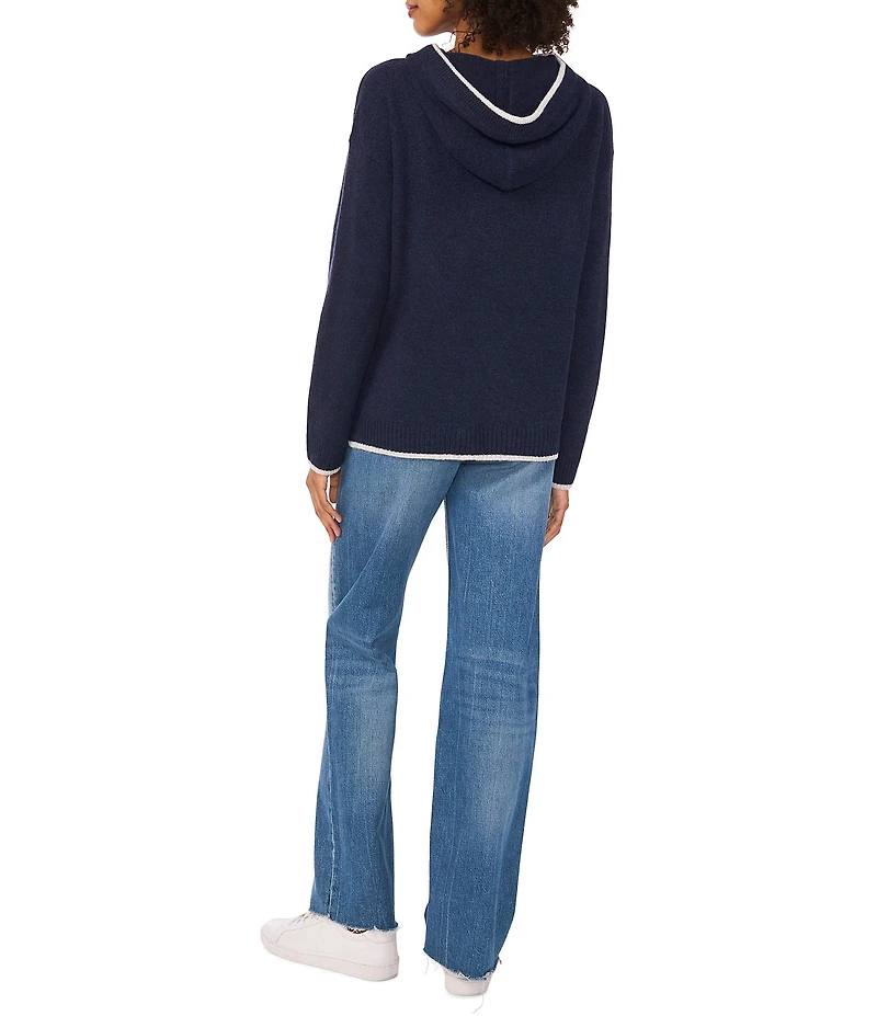 Vince Camuto Knit Crew Neck Long Sleeve Contrast Trim Hoodie