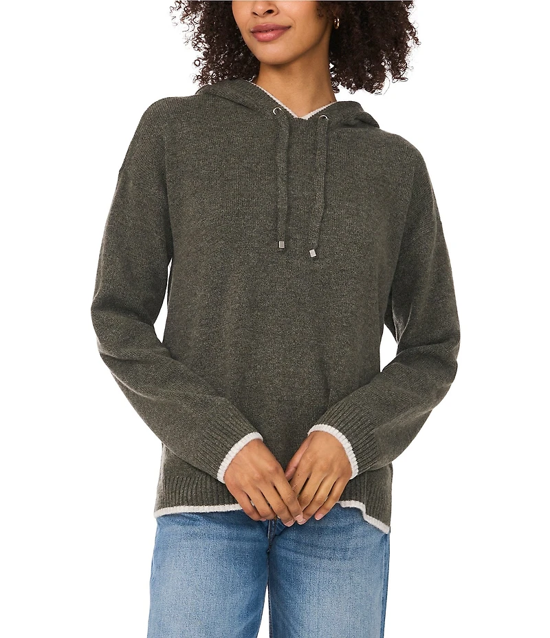 Vince Camuto Knit Crew Neck Long Sleeve Contrast Trim Hoodie