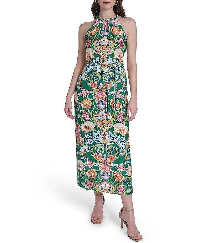 Vince Camuto Knit Floral Print Halter Neck Sleeveless Maxi Dress
