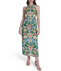 Vince Camuto Knit Floral Print Halter Neck Sleeveless Maxi Dress
