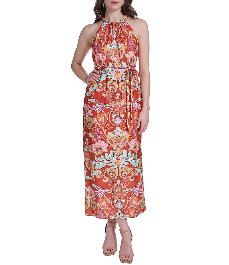 Vince Camuto Knit Floral Print Halter Neck Sleeveless Maxi Dress
