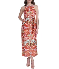 Vince Camuto Knit Floral Print Halter Neck Sleeveless Maxi Dress