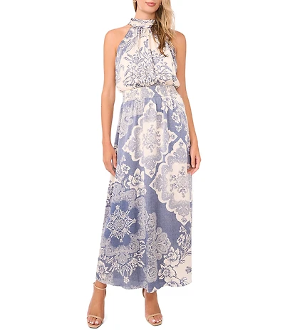 Vince Camuto Knit Floral Print Halter Neck Sleeveless Smocked Waist Maxi A-Line Dress