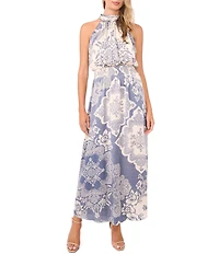 Vince Camuto Knit Floral Print Halter Neck Sleeveless Smocked Waist Maxi A-Line Dress