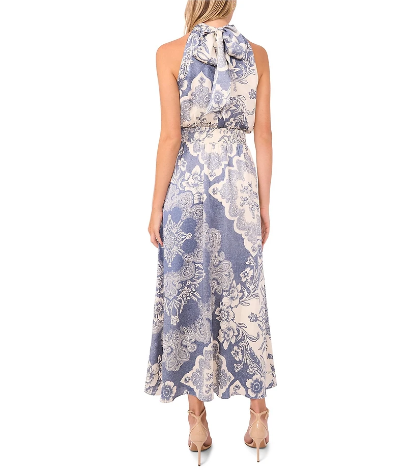 Vince Camuto Knit Floral Print Halter Neck Sleeveless Smocked Waist Maxi A-Line Dress