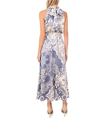 Vince Camuto Knit Floral Print Halter Neck Sleeveless Smocked Waist Maxi A-Line Dress
