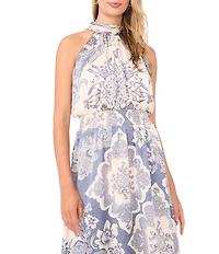 Vince Camuto Knit Floral Print Halter Neck Sleeveless Smocked Waist Maxi A-Line Dress