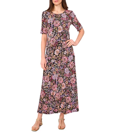 Vince Camuto Knit Floral Print Round Neck 3/4 Sleeve A-Line Maxi Dress