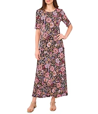 Vince Camuto Knit Floral Print Round Neck 3/4 Sleeve A-Line Maxi Dress