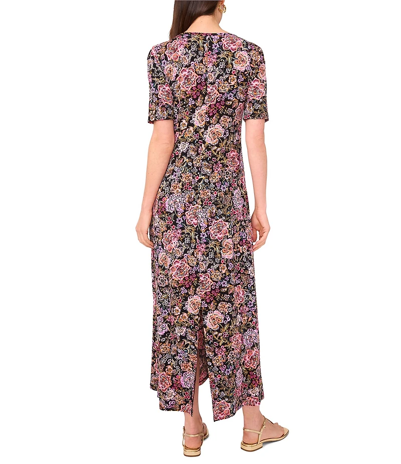 Vince Camuto Knit Floral Print Round Neck 3/4 Sleeve A-Line Maxi Dress