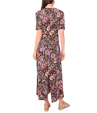 Vince Camuto Knit Floral Print Round Neck 3/4 Sleeve A-Line Maxi Dress