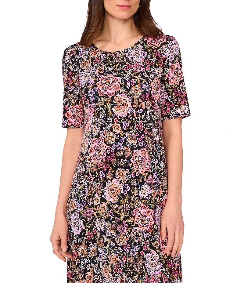 Vince Camuto Knit Floral Print Round Neck 3/4 Sleeve A-Line Maxi Dress