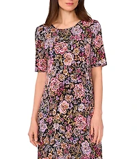 Vince Camuto Knit Floral Print Round Neck 3/4 Sleeve A-Line Maxi Dress