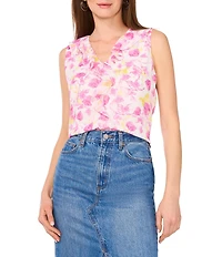 Vince Camuto Knit Floral Print V-Neck Sleeveless Ruffle Top