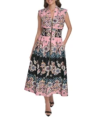 Vince Camuto Knit Floral Printed V-Neck Cap Sleeve Smocked Midi Fit And Flare Dress