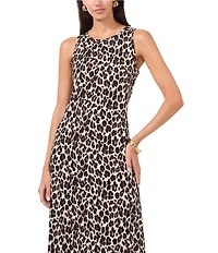 Vince Camuto Knit Leopard Crew Neck Sleeveless Back Keyhole Split Hem Column Maxi Dress