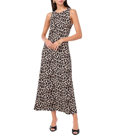 Vince Camuto Knit Leopard Crew Neck Sleeveless Back Keyhole Split Hem Column Midi Dress
