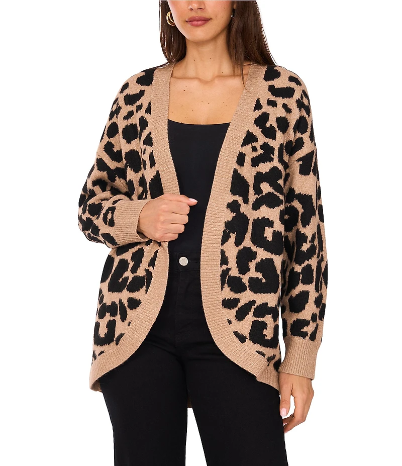 Vince Camuto Knit Leopard Print Drape Open Front Cardigan