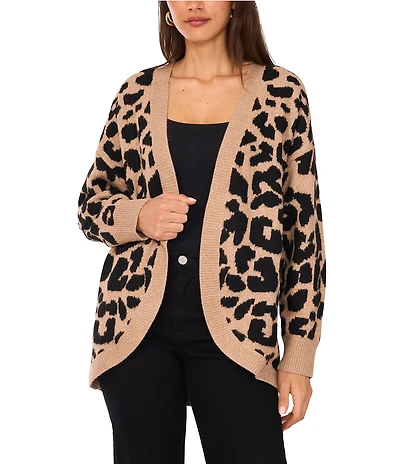 Vince Camuto Knit Leopard Print Drape Open Front Cardigan