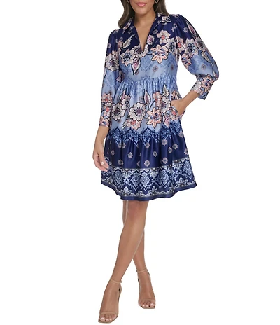 Vince Camuto Knit Printed Collared 3/4 Sleeve Tiered Trapeze Dress