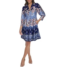 Vince Camuto Knit Printed Collared 3/4 Sleeve Tiered Trapeze Dress