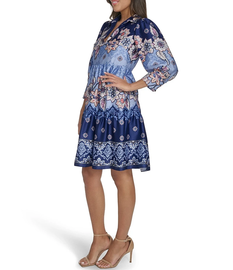 Vince Camuto Knit Printed Collared 3/4 Sleeve Tiered Trapeze Dress