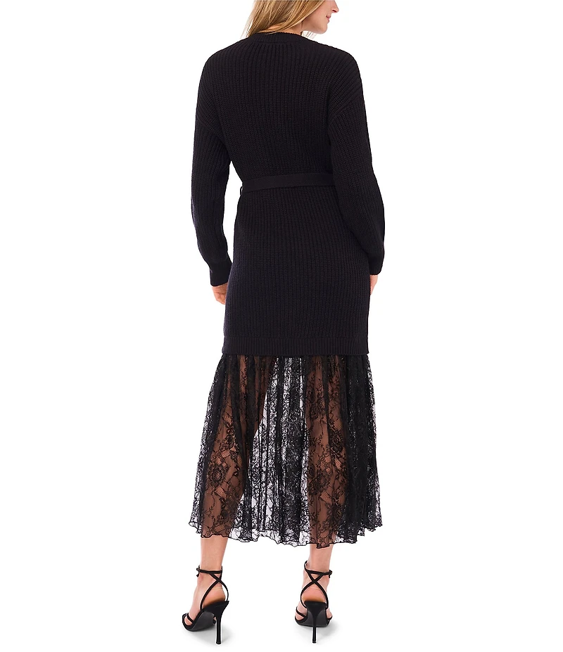 Vince Camuto Knit Round Neck Long Sleeve Lace Sweater Dress