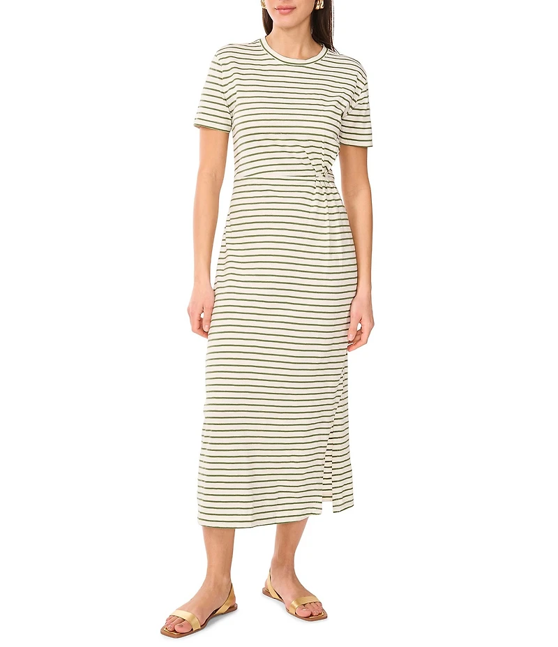 Vince Camuto Knit Striped Crew Neck Short Sleeve Ruched Midi Shirt Dress