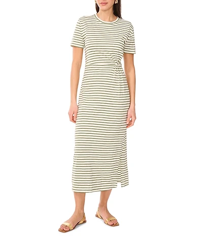 Vince Camuto Knit Striped Crew Neck Short Sleeve Ruched Midi Shirt Dress