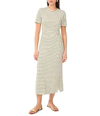Vince Camuto Knit Striped Crew Neck Short Sleeve Ruched Midi Shirt Dress