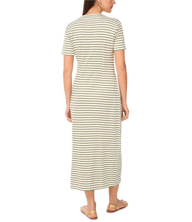 Vince Camuto Knit Striped Crew Neck Short Sleeve Ruched Midi Shirt Dress